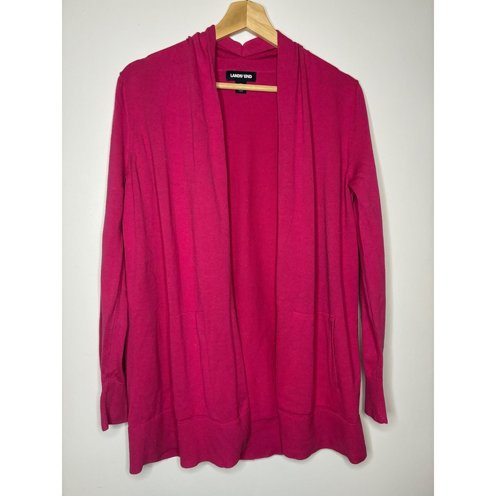 Lands End Pink Confetti Fleck Cotton Open Front Cardigan Sweater Medium